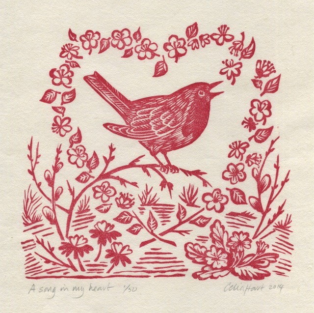 'Blackbird Garland' woodcut 10 x 10 cm