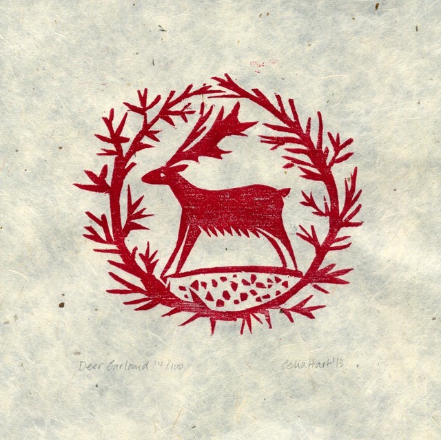 'Deer Garland' woodcut 10 x 10 cm