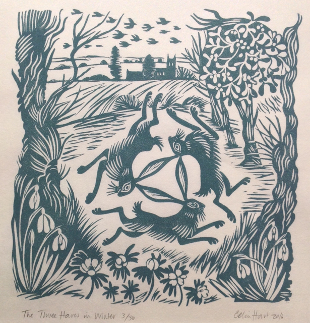 'The Three Hares in Winter' linocut 21 x 21 cm